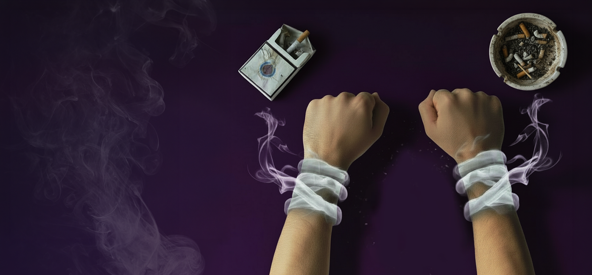 An anonymous child's outstretched hands appear "handcuffed" by cigarette smoke emitted from a nearby pack of cigarettes and dirty ash tray, suggesting that the individual is held captive by the product