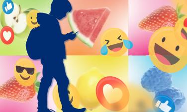 Silhouette of a young person scrolling social media on their phone, surrounded by emoticons, hearts, "like" icons, and images of fruit flavors in the background