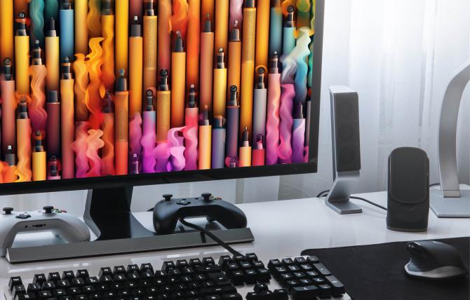 A computer monitor displays a rainbow array of e-cigarettes on its screen