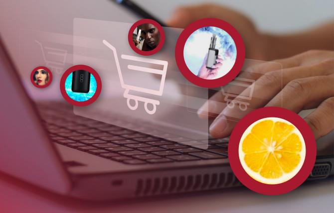 An online consumer makes a purchase using his laptop and smartphone, while circular images symbolizing different marketing appeals (such as fruit flavor, smoke, and femininity/masculinity) emerge from the computer screen