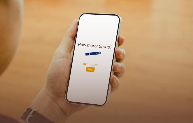 A handheld smartphone displays a survey question asking "How many times?" followed by an illustration of an e-cigarette