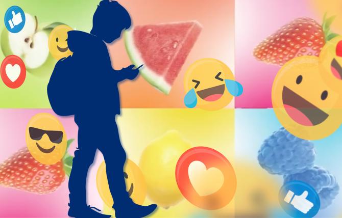 Silhouette of a young person scrolling social media on their phone, surrounded by emoticons, hearts, "like" icons, and images of fruit flavors in the background